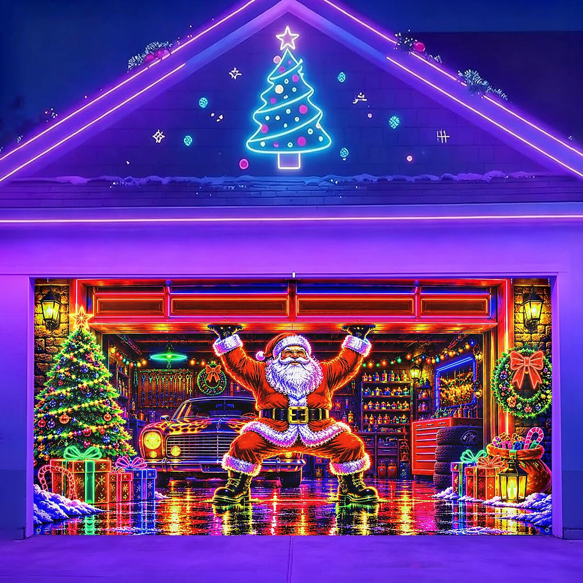 Blacklight Christmas Garage Cover UV Reactive Santa Gift Workshop