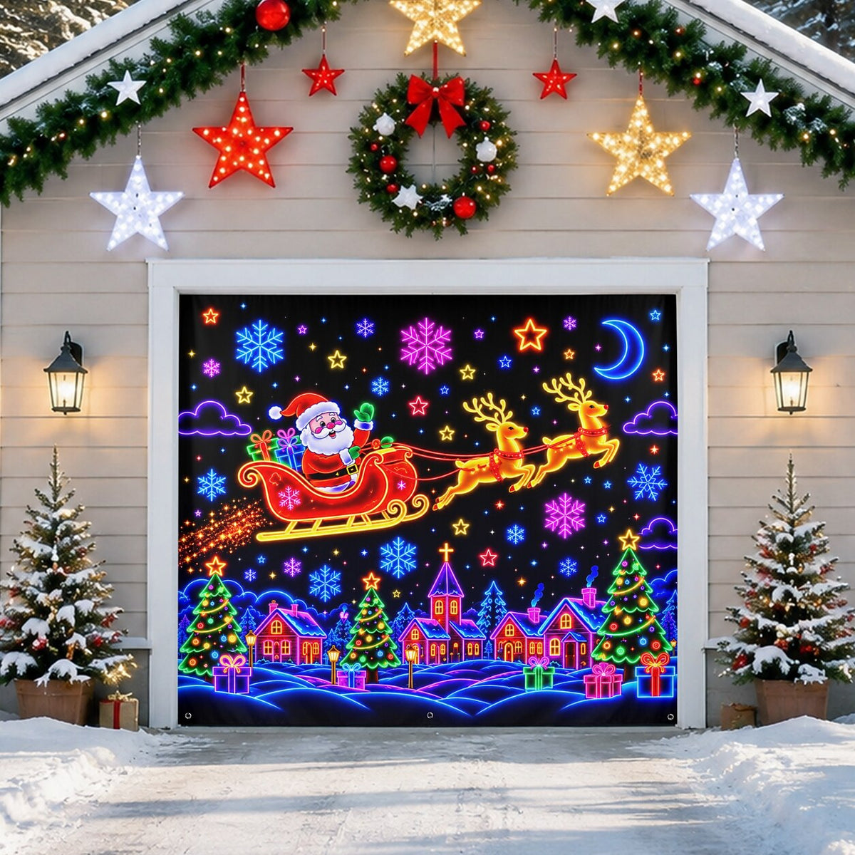 Blacklight Christmas Garage Cover UV Reactive Santa Sleigh & Reindeer Night Scene