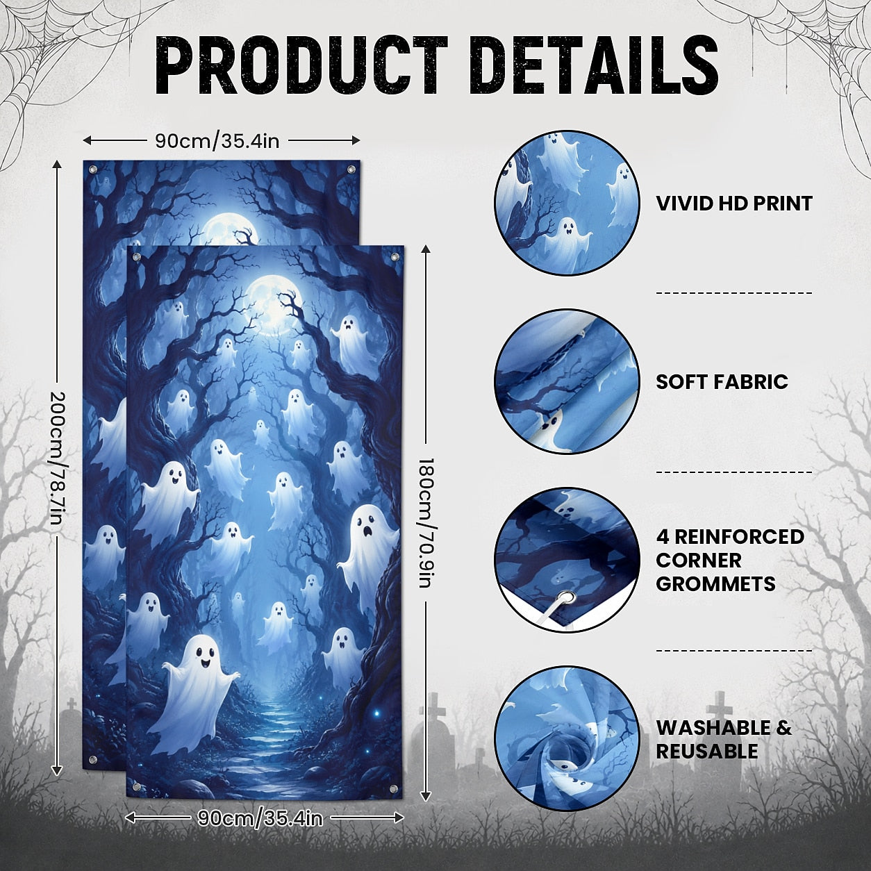 Spooky Door Banner Halloween Door Cover Cute Ghost Haunted Forest