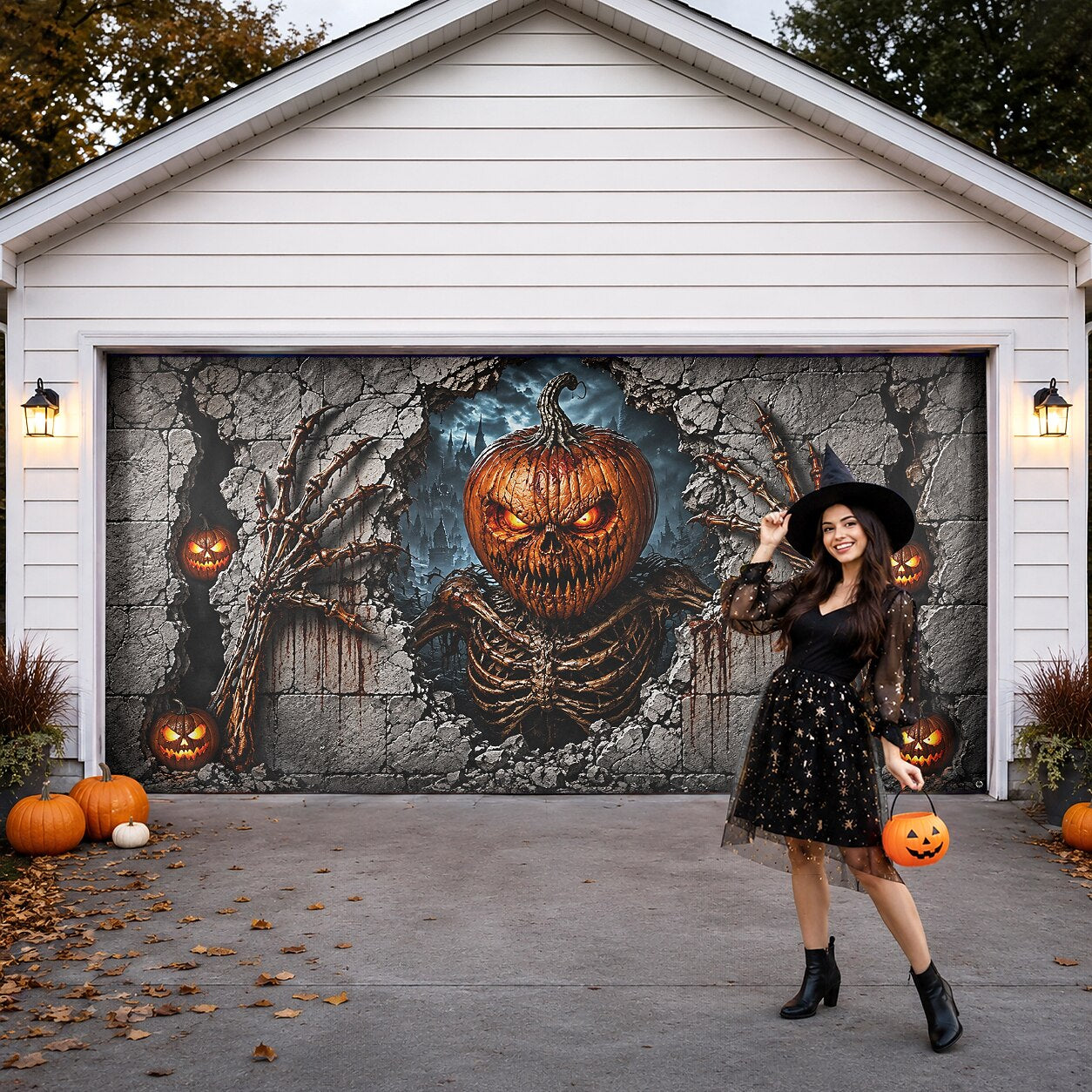 Halloween Pumpkin Skeleton Garage Door Cover