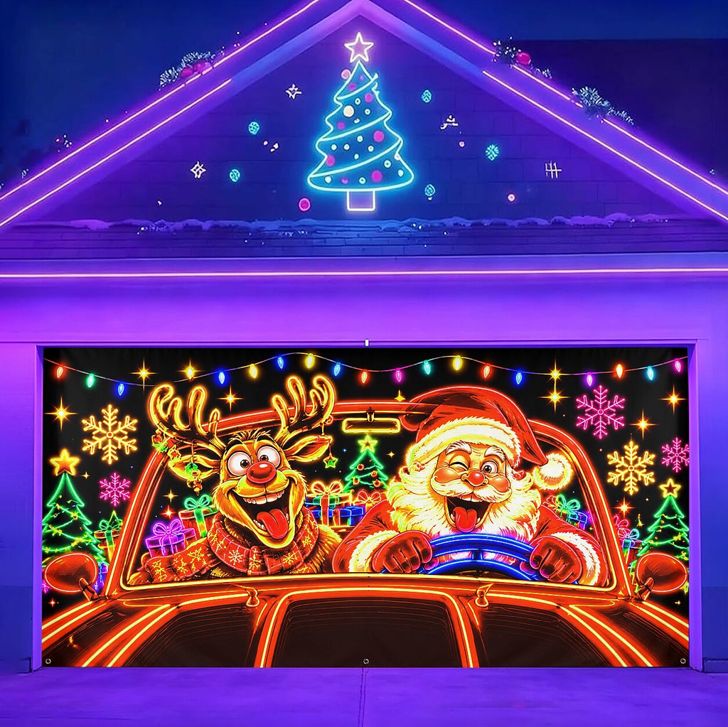 Blacklight Christmas Garage Cover UV Reactive Santa & Reindeer