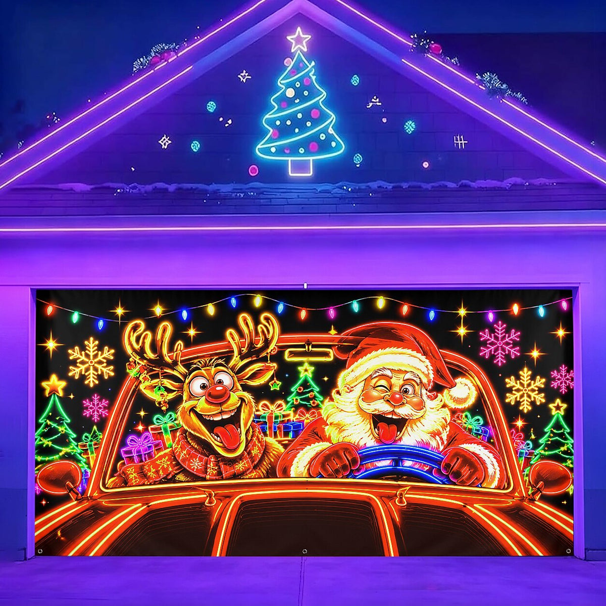 Blacklight Christmas Garage Cover UV Reactive Santa & Reindeer