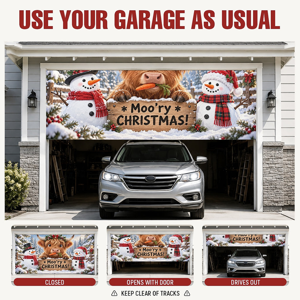 Christmas Garage Door Cover - Merry Christmas Highland Cow Design