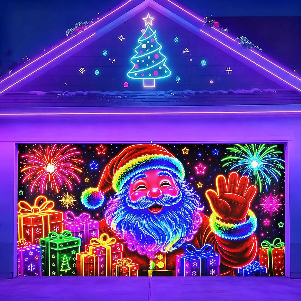 Blacklight Christmas Garage Door Cover - Santa & Christmas Characters Neon Design