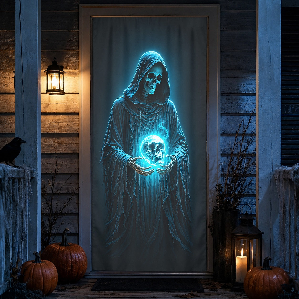 Glowing Skull Grim Reaper Door Banner Blue Skeleton Ghost Scary