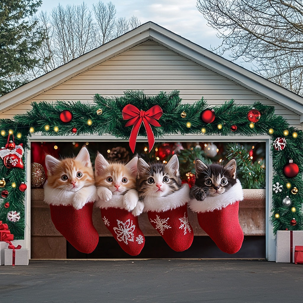 Christmas Cat Ornaments Garage Door Cover