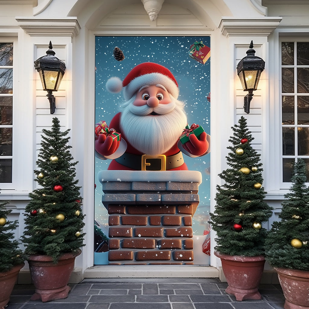 Santa Breaking Through Wall Christmas Door Cover
