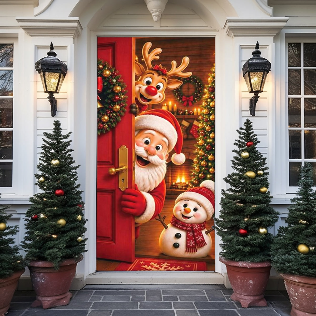 Christmas Door Cover - Stretch Fit Santa & Reindeer Door Decoration