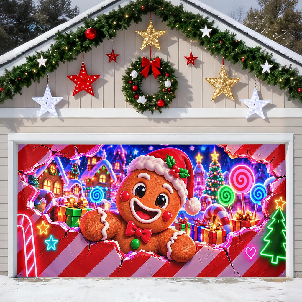 Blacklight Christmas Garage Cover 3D UV Reactive Broken Wall Gingerbread Man