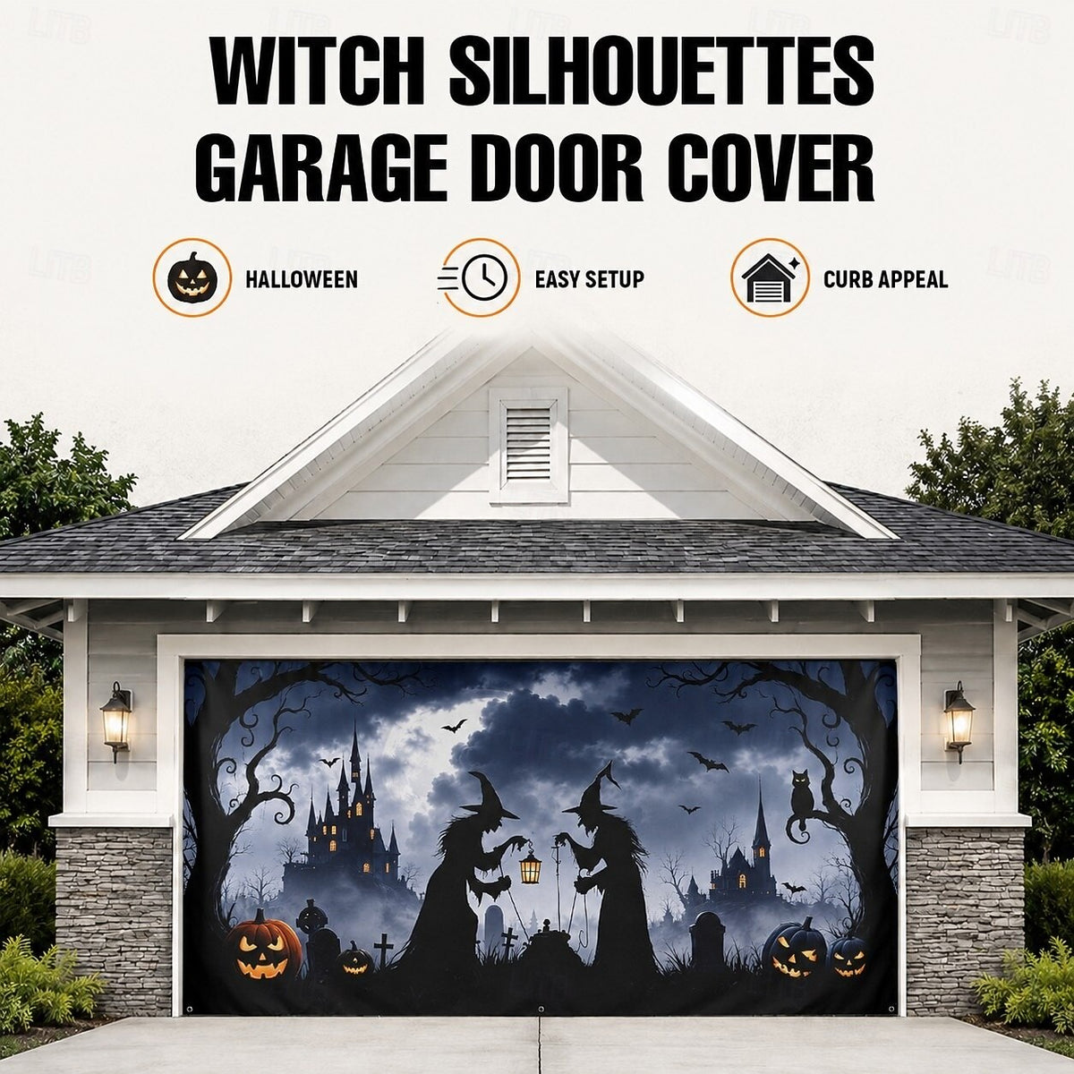 Witch Haunted Room Halloween Garage Door Cover