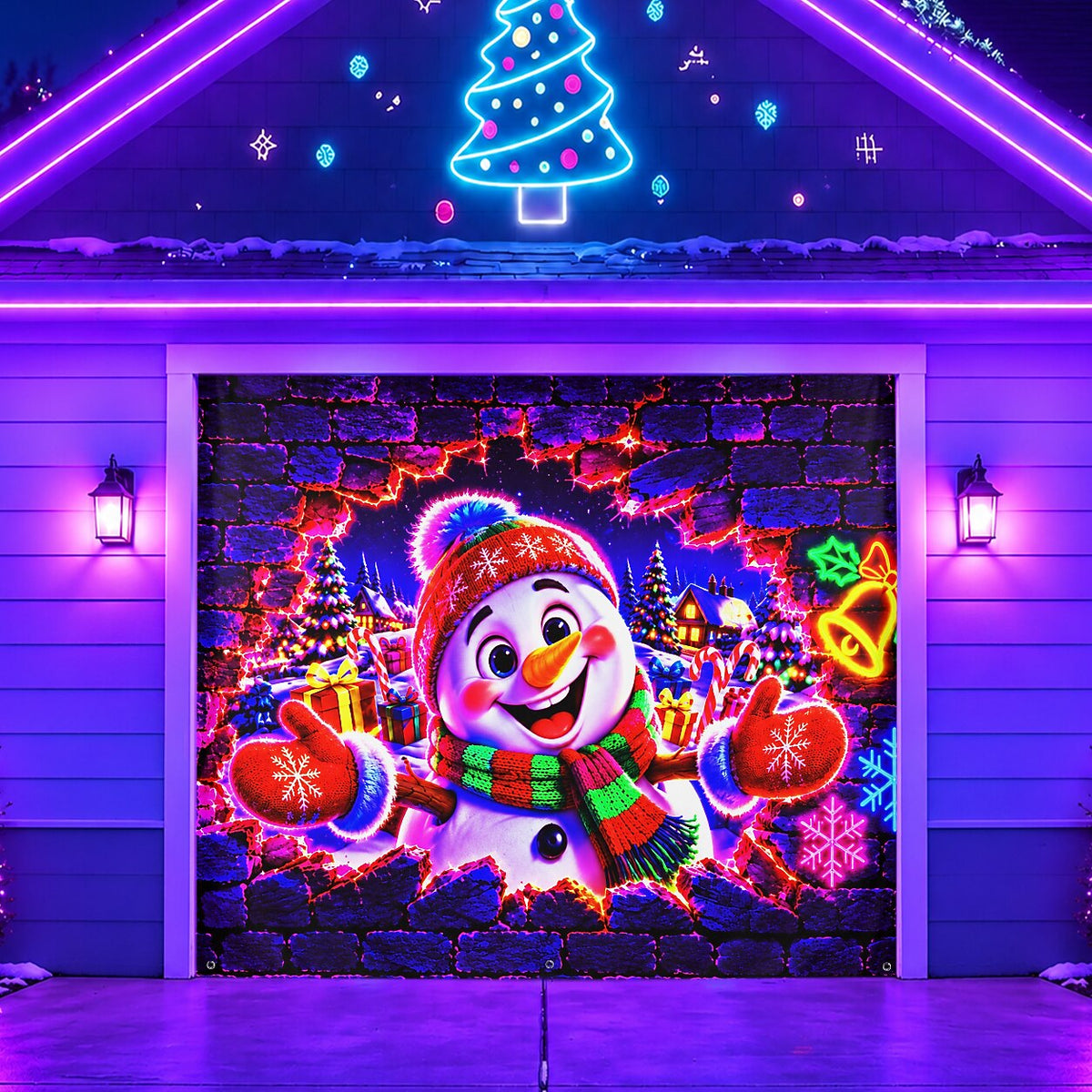 Blacklight Christmas Garage Cover 3D UV Reactive Broken Wall Snowman