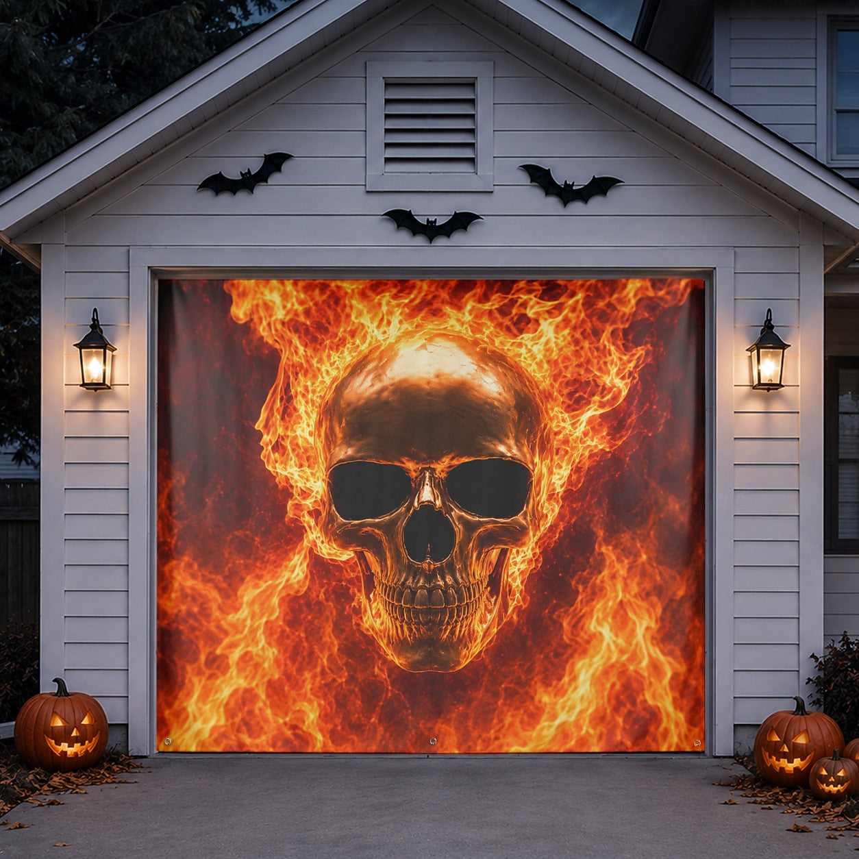 Flaming Skull & Fire | Halloween Garage Door Banner Cover