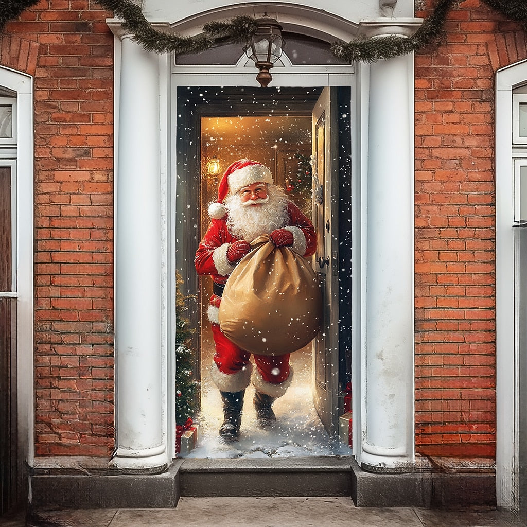 Santa Breaking Through Wall Christmas Door Cover
