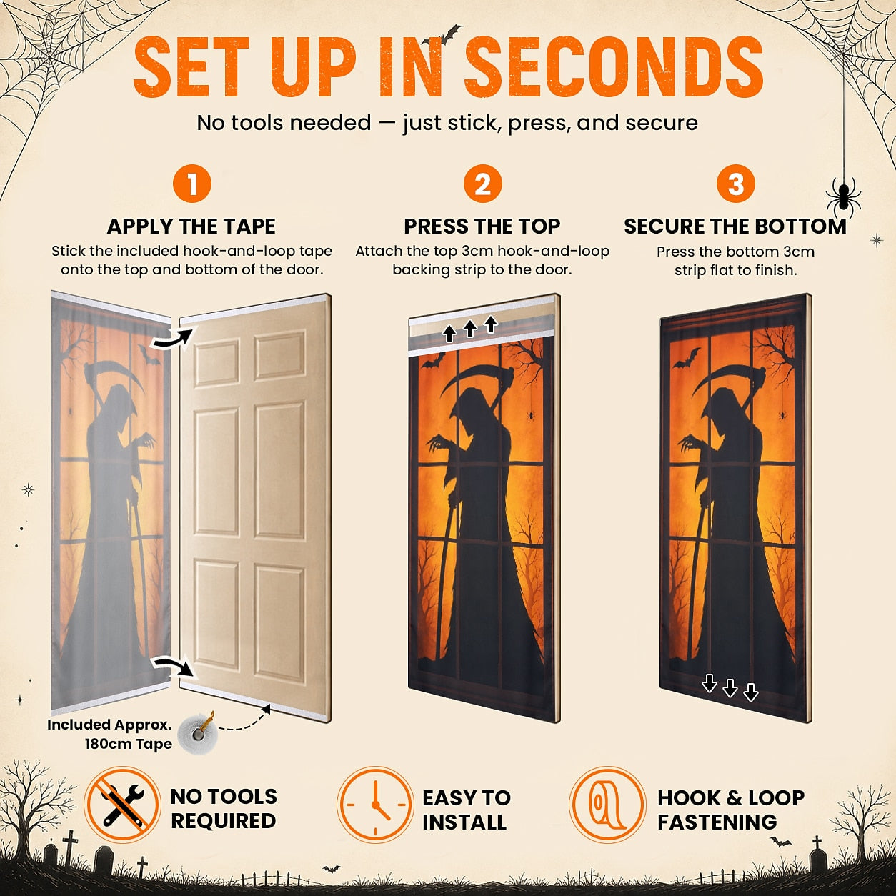Web Bloody Hands Banner Halloween Door Cover Black Cat Grim Reaper