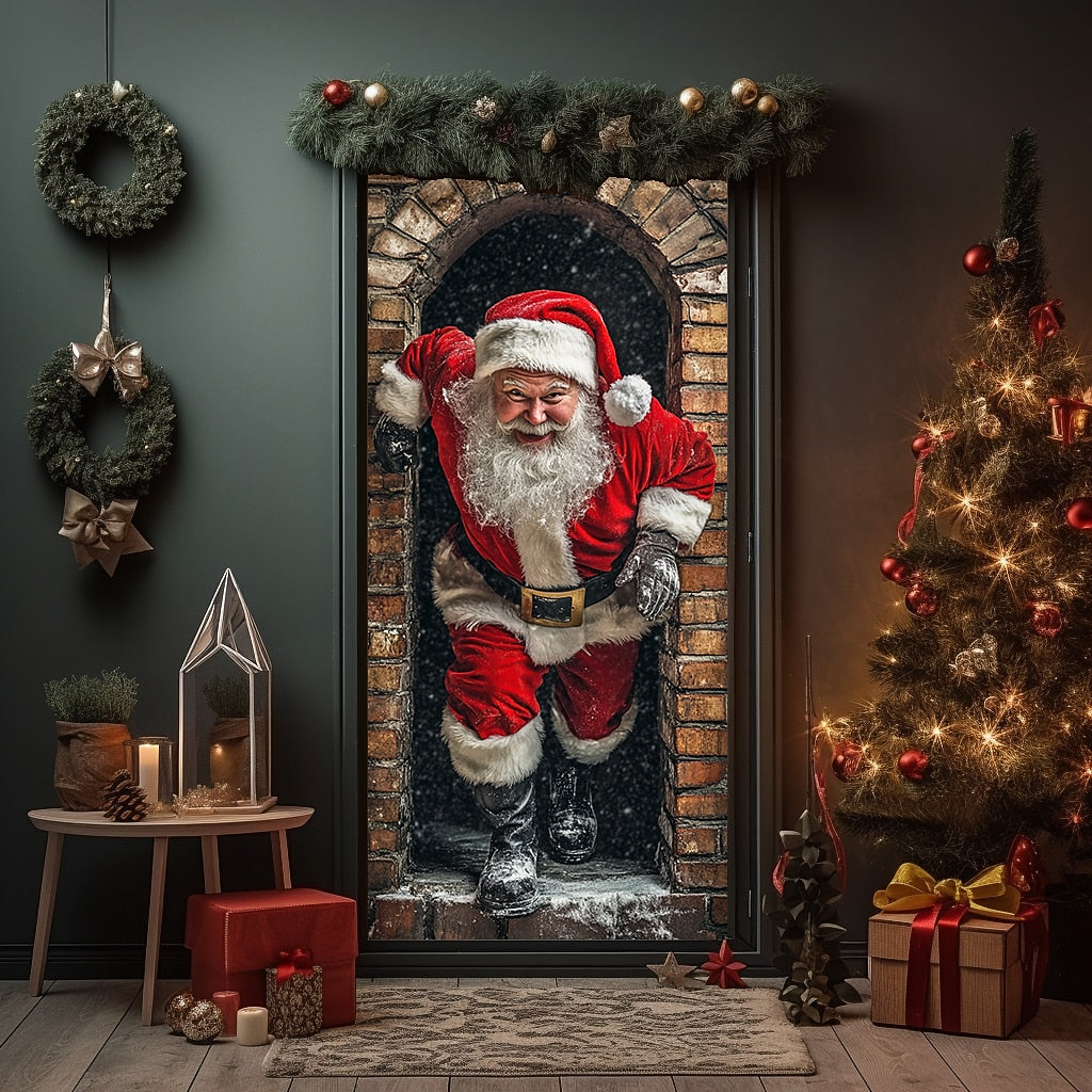 Santa Breaking Through Wall Christmas Door Cover