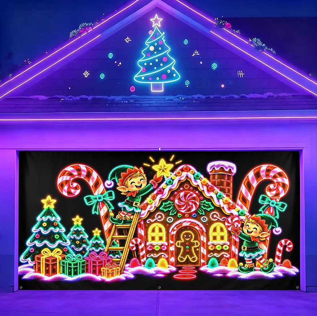 Blacklight Christmas Garage Cover UV Reactive Christmas Village & Tree