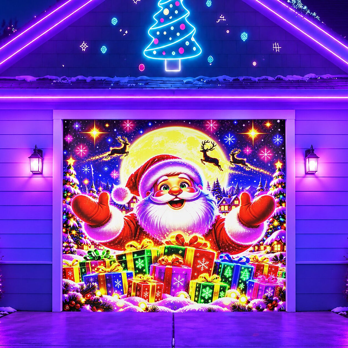 Blacklight Christmas Garage Door Cover - Santa Claus & Presents Neon Design
