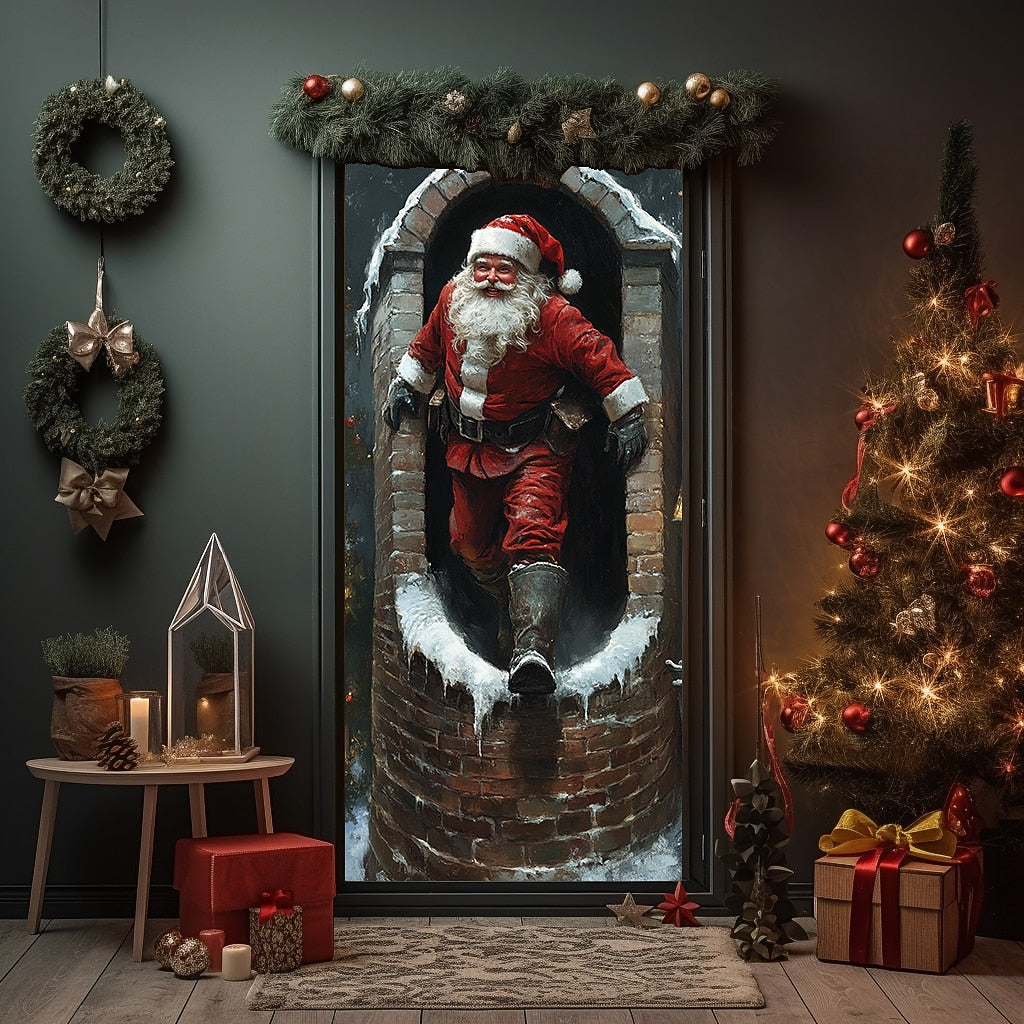 Santa Breaking Through Wall Christmas Door Cover