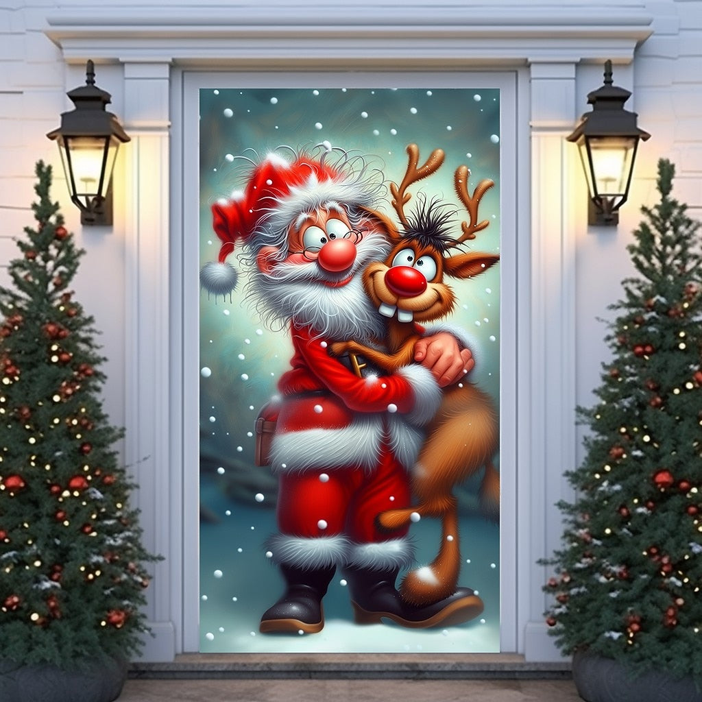 Santa Claus Reindeer & Gift Boxes Christmas Door Cover