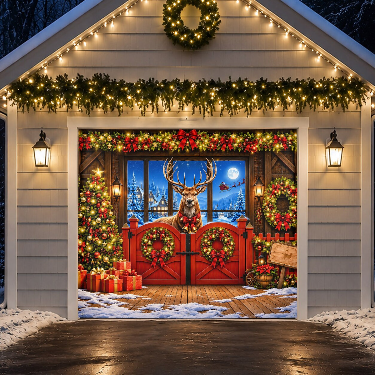 Christmas Garage Cover 3D Reindeer Breaking Through