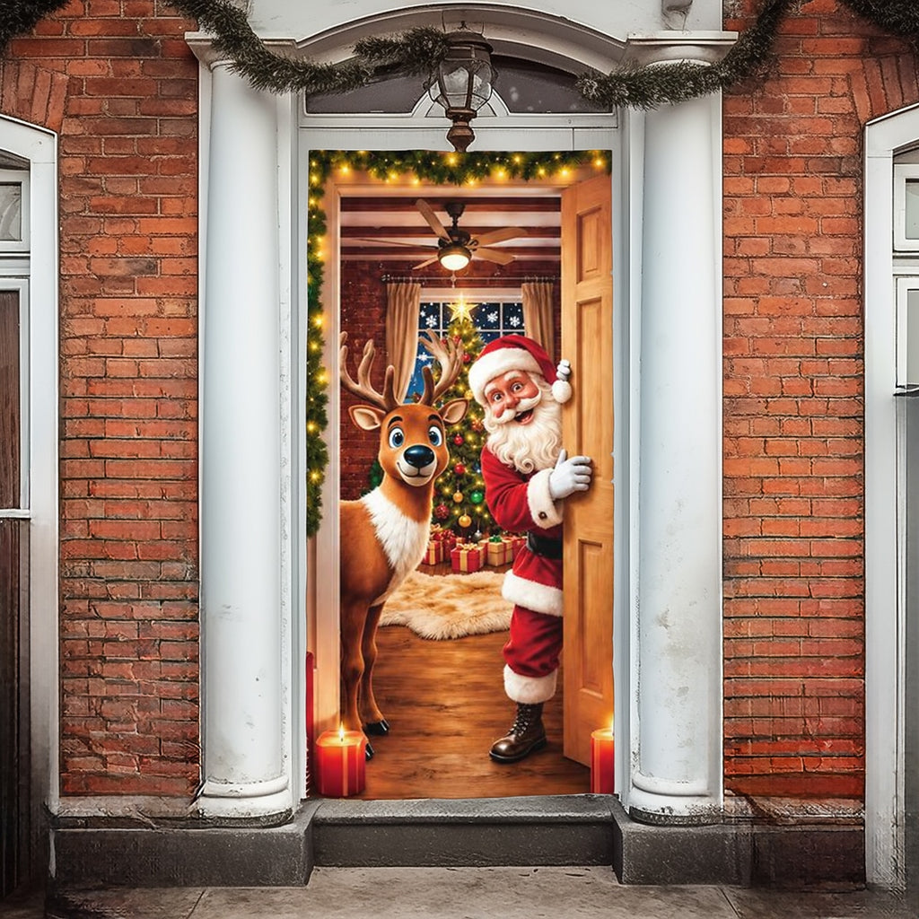 Christmas Door Cover - Stretch Fit Santa & Reindeer Door Decoration