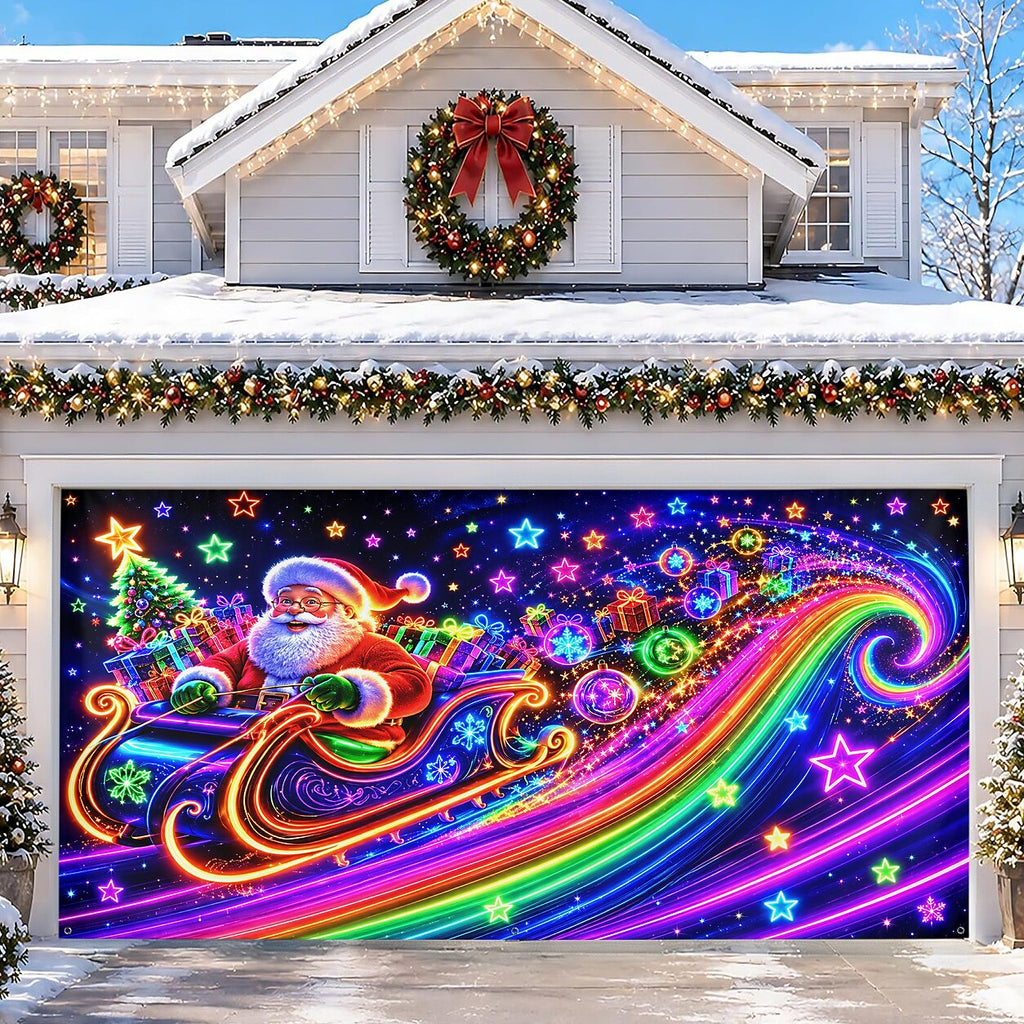 Blacklight Christmas Garage Cover UV Reactive Santa Claus & Sleigh