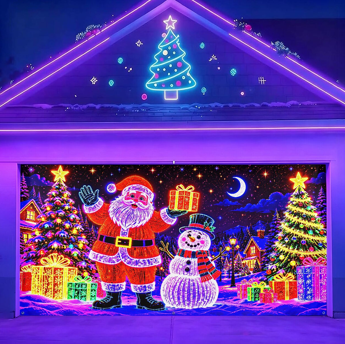 Blacklight Christmas Garage Door Cover - Colorful Santa Claus Neon Holiday Decor