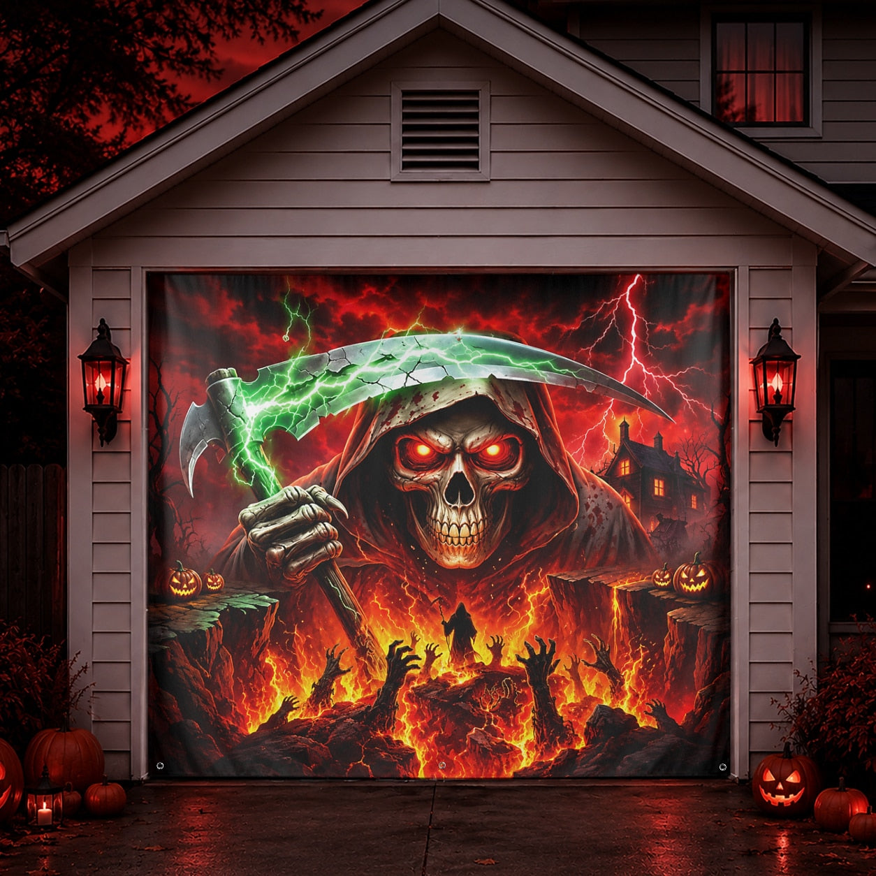 Grim Reaper Skull & Red Eyes | Halloween Garage Door Banner Cover