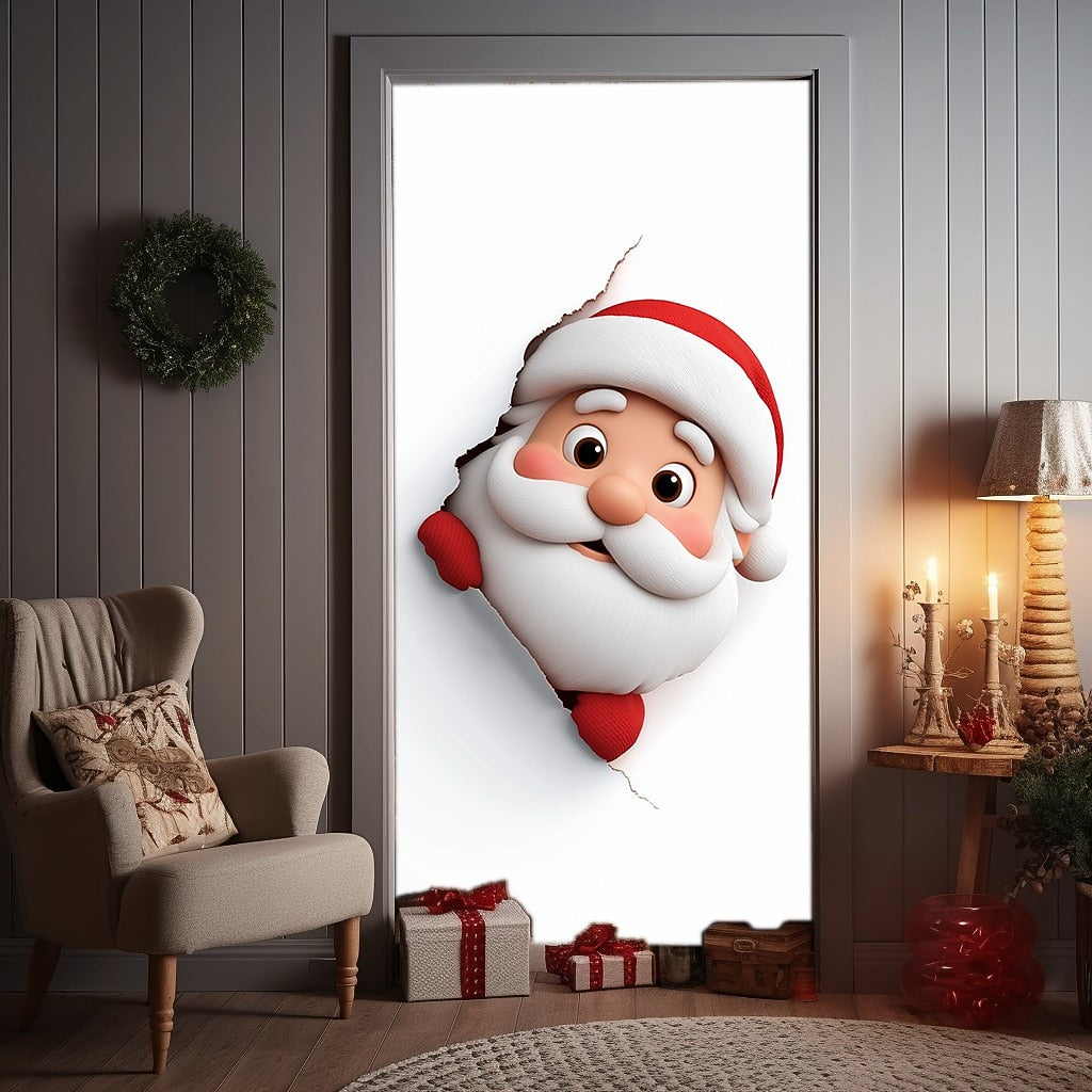 Santa Breaking Through Wall Christmas Door Cover