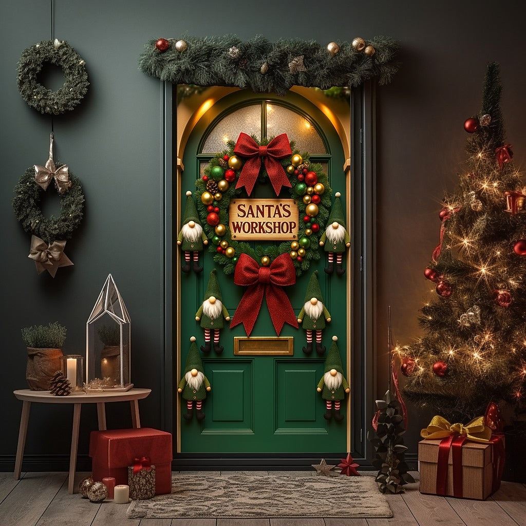 Green Door Wreath & Red Bow Christmas Door Cover