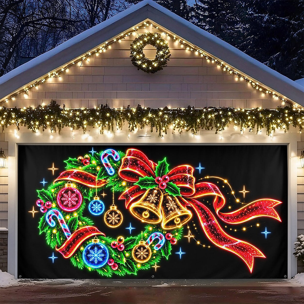 Blacklight Christmas Garage Cover UV Reactive Wreath & Ornaments