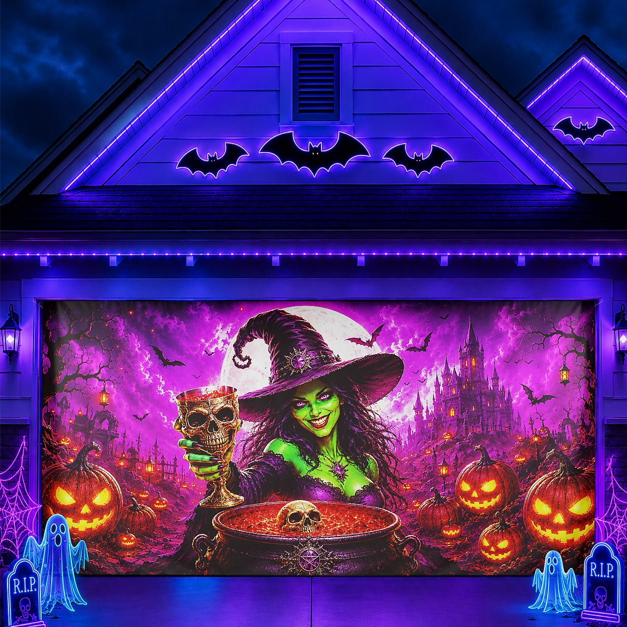 Fluorescent Witch with Pumpkin & Cauldron | Halloween Garage Door Banner Cover