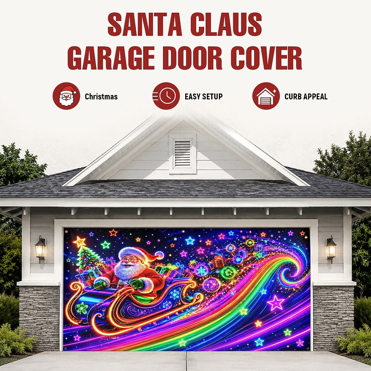 Blacklight Christmas Garage Cover UV Reactive Santa Claus & Sleigh