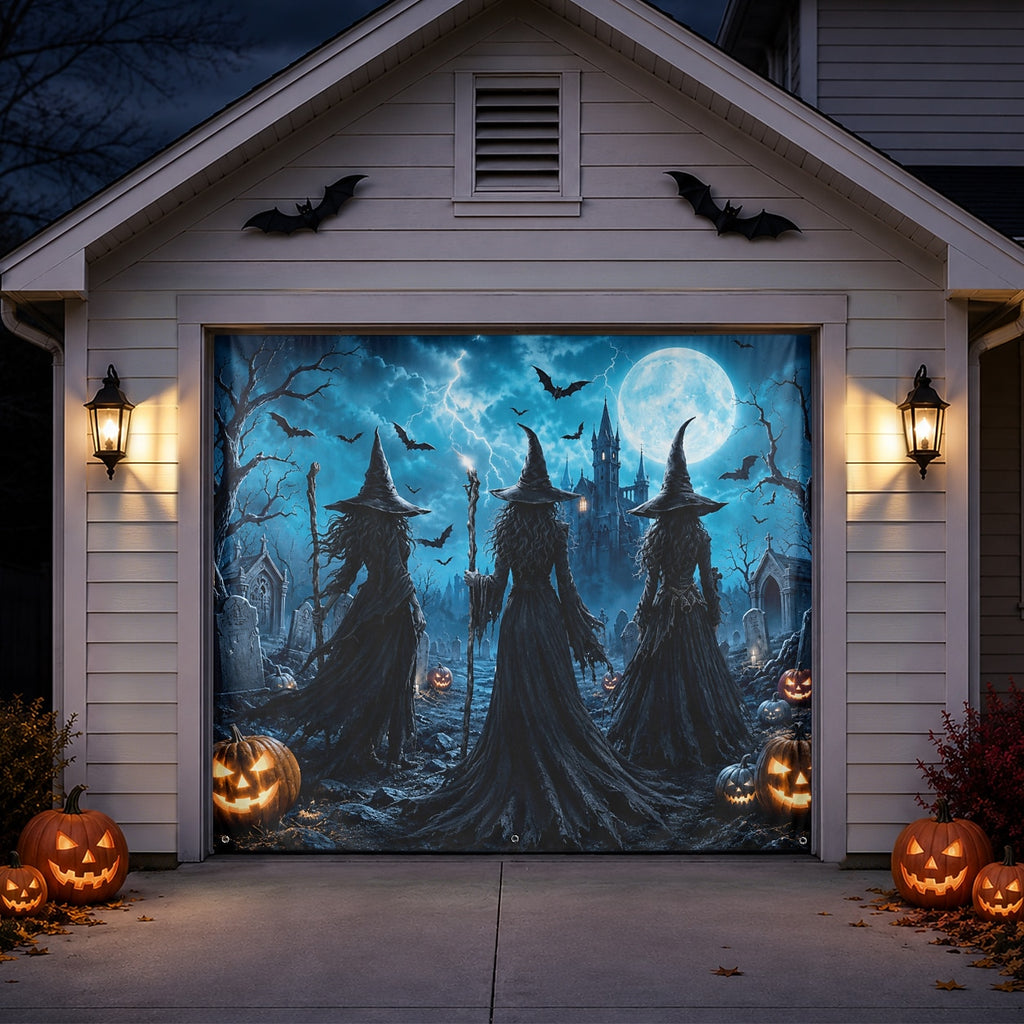 Witch Night Graveyard & Full Moon | Halloween Garage Door Banner Cover