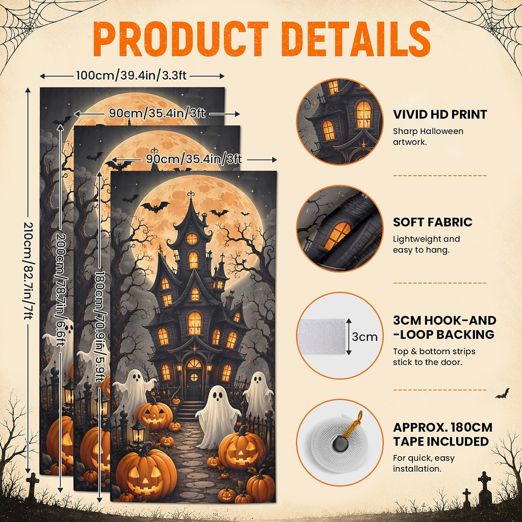 Pumpkin Full Moon Banner Halloween Door Cover Glowing Skull Grim Reaper