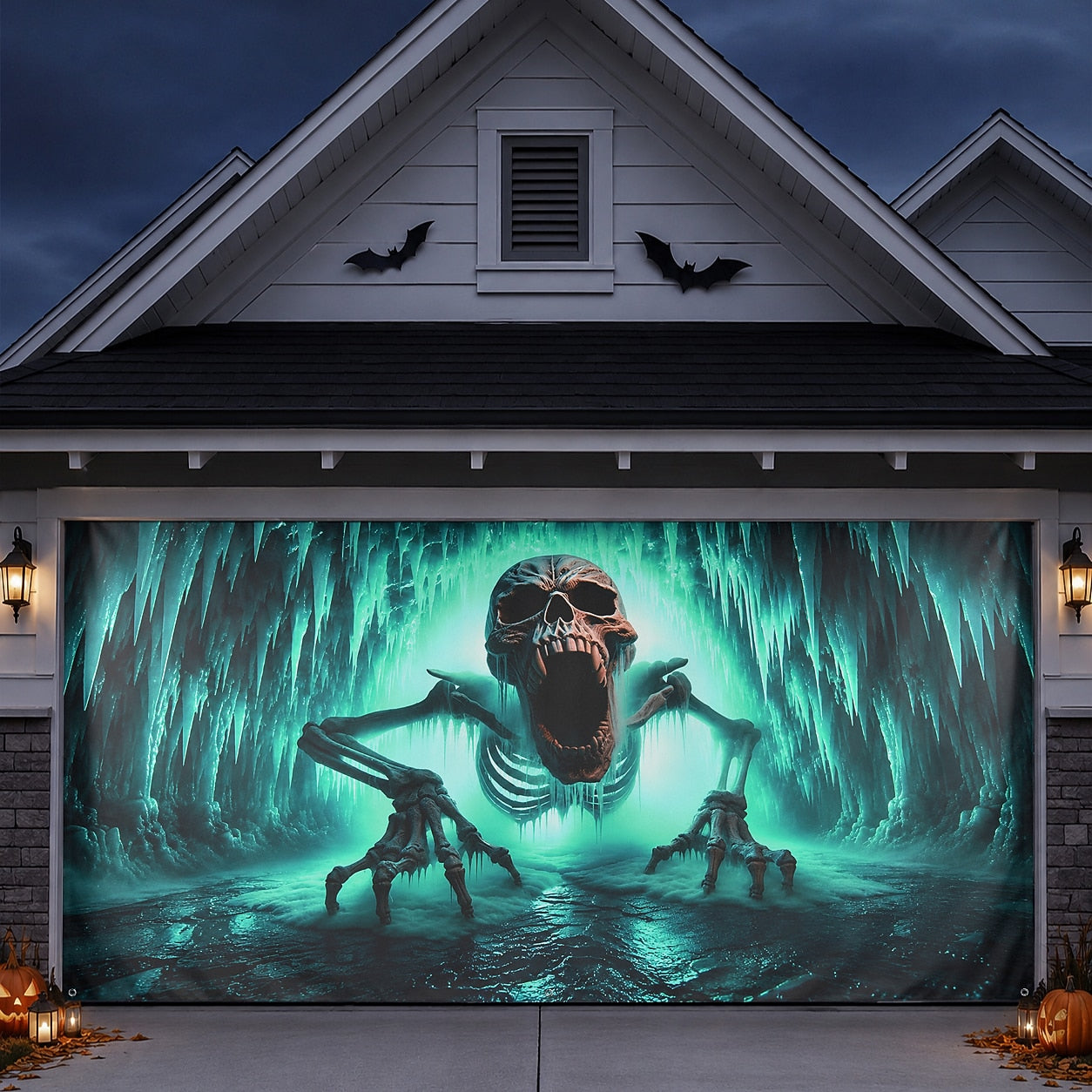 Ice Cave Skeleton & Scary Skull | Halloween Garage Door Banner Cover