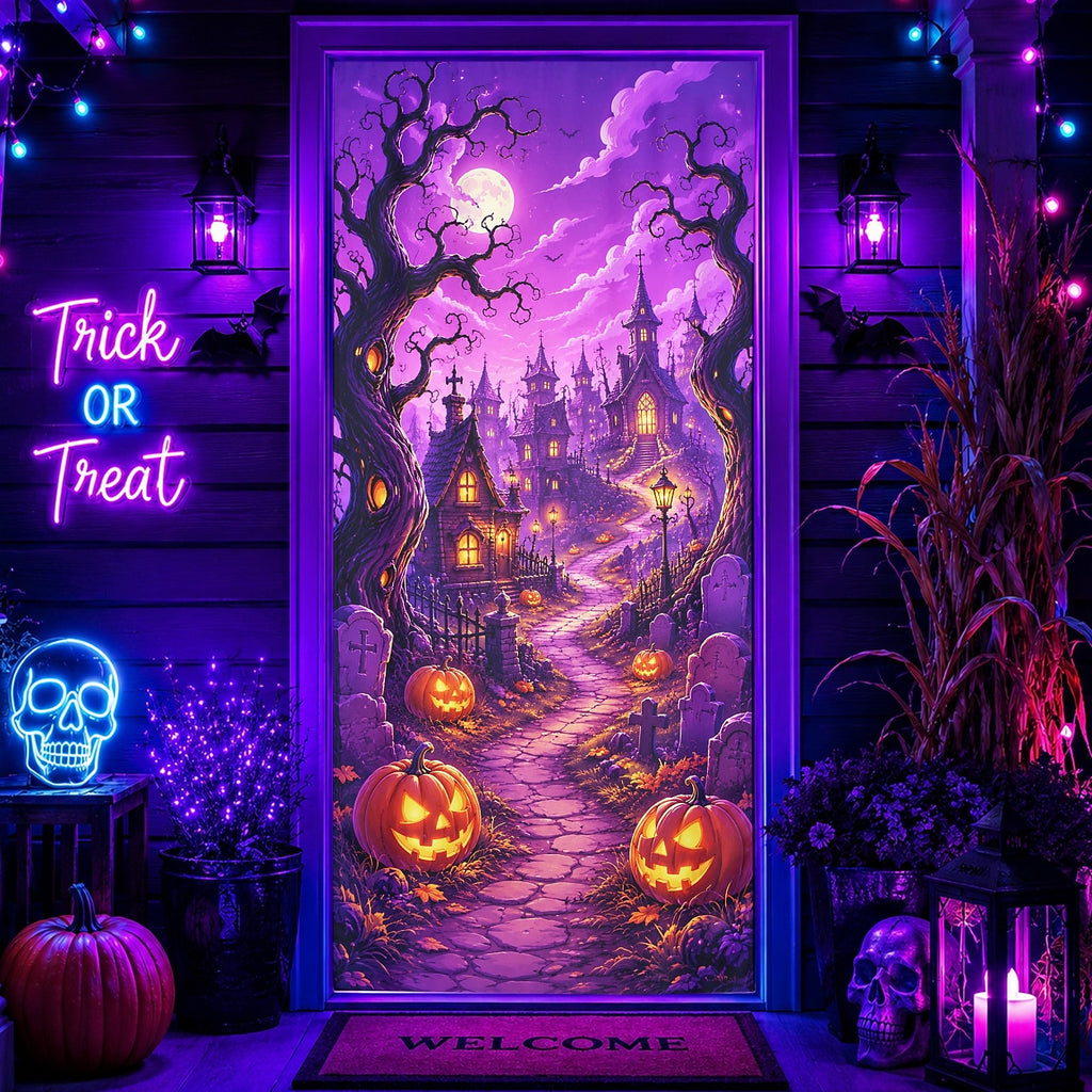 Skeleton Door Banner Halloween Door Cover Haunted House Purple Graveyard