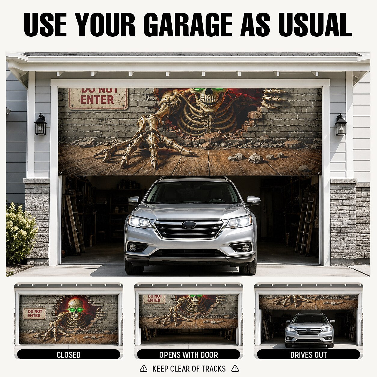 Halloween Green Glowing Eyes Skeleton Garage Door Cover