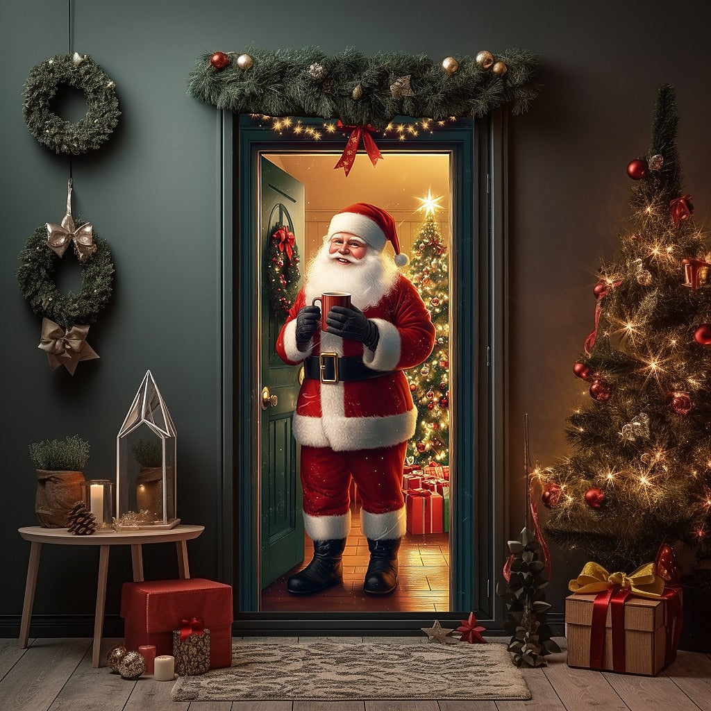 Vintage Santa with North Pole Sign Christmas Door Cover