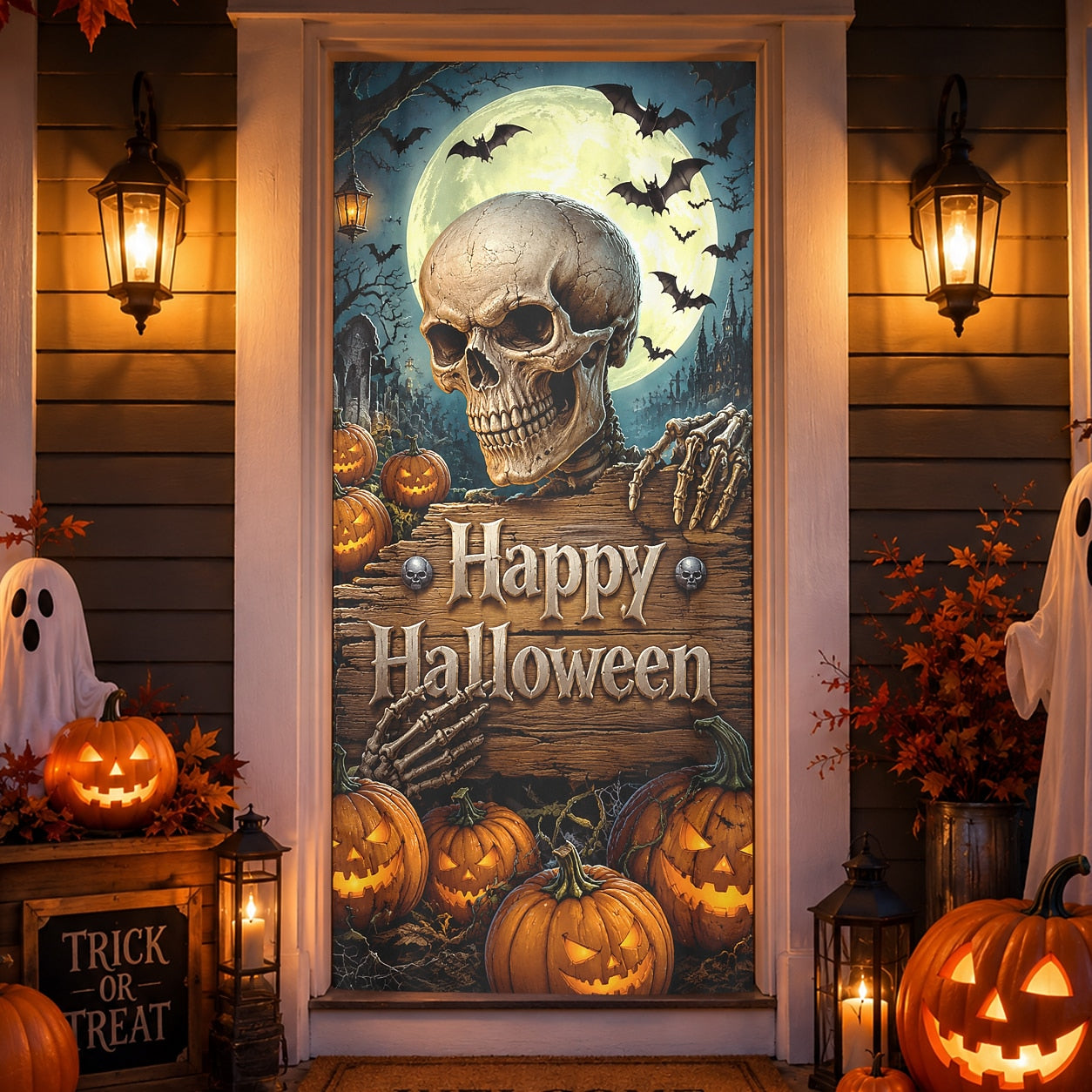 Reaper 3D Illusion Door Banner Halloween Door Cover Skull Moon Bat