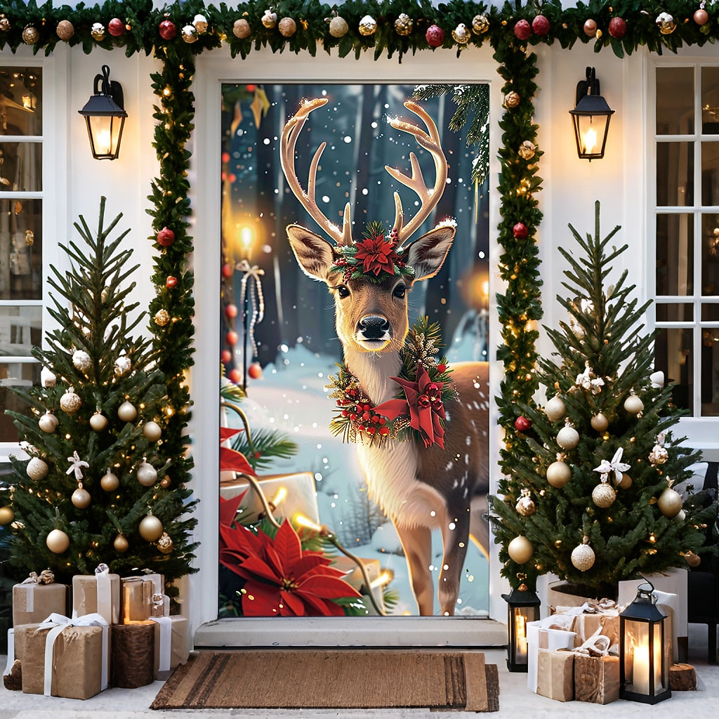 Festive Deer Christmas Door Cover