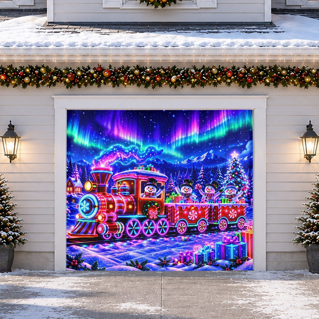 Blacklight Christmas Garage Cover UV Reactive Snowman & Christmas Train