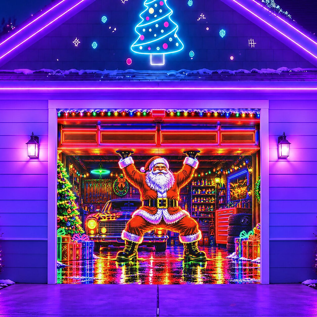 Blacklight Christmas Garage Cover UV Reactive Santa Gift Workshop