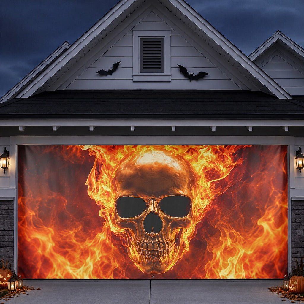 Flaming Skull & Fire | Halloween Garage Door Banner Cover