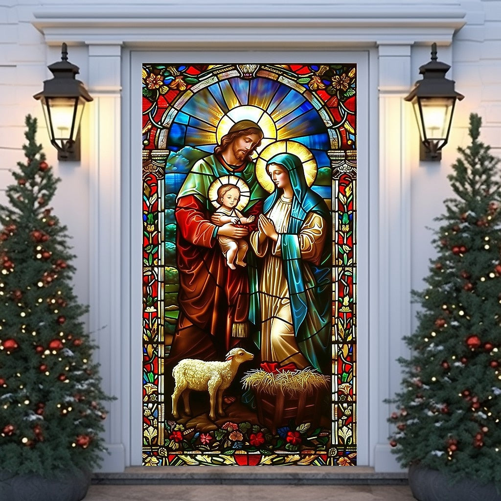 Stained Glass Holy Family Nativity Scene Christmas Door Cover