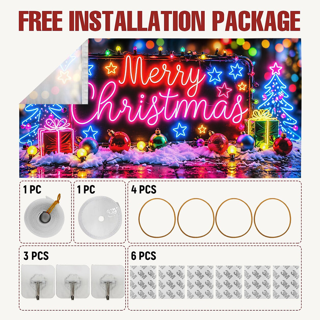 Blacklight Christmas Garage Door Cover - Neon Merry Christmas Tree Design