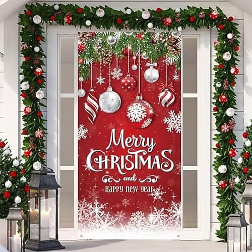 Santa Claus Reindeer & Merry Christmas Lettering Christmas Door Cover