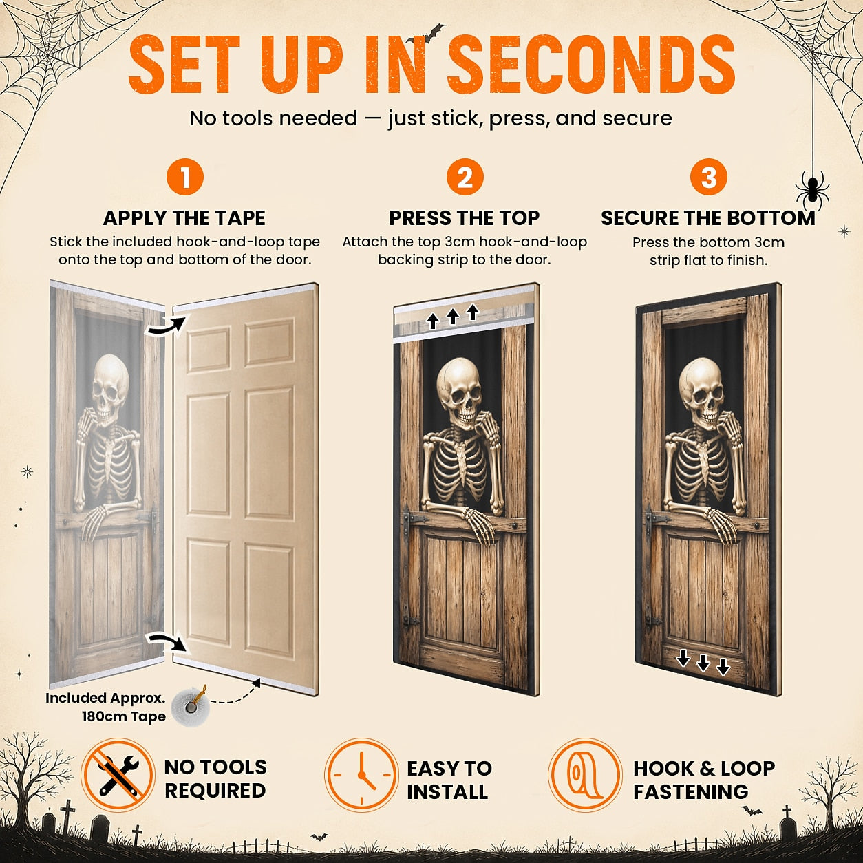 Skeleton Behind Door 3D Skull Illusion Banner Halloween Door Cover