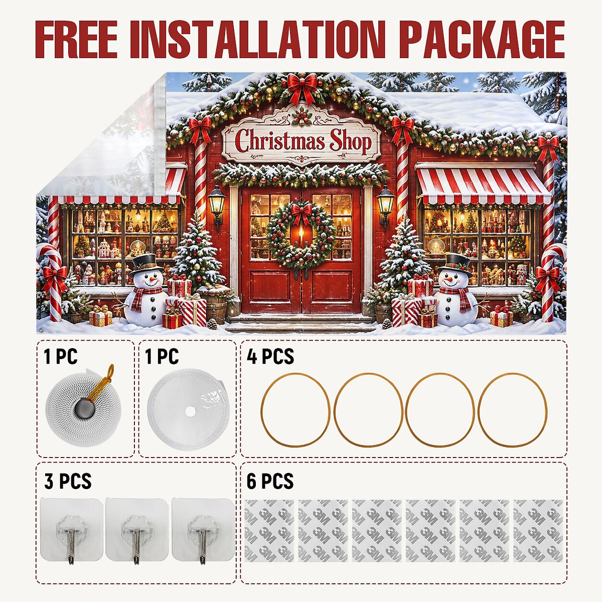 Christmas Garage Door Cover - Red Holiday Shopfront Design