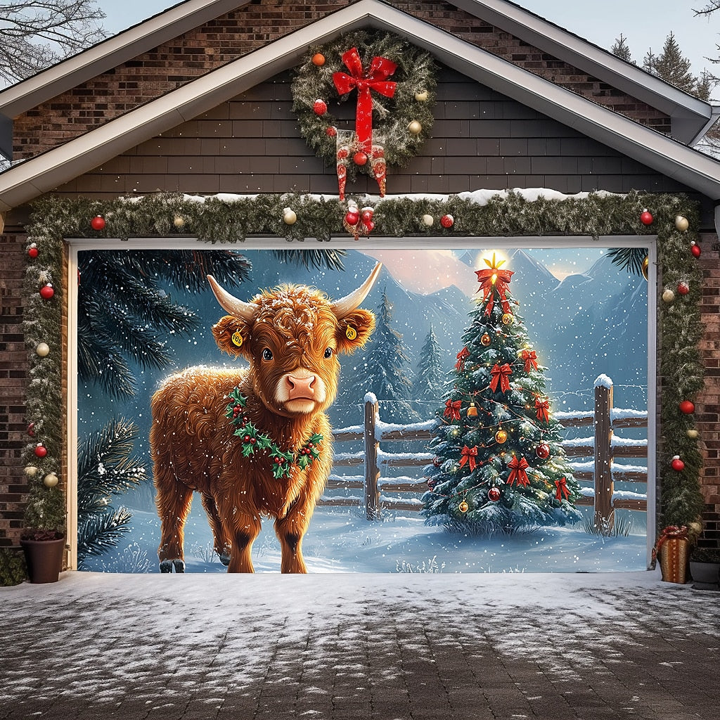 Christmas Highland Cow Garage Door Cover
